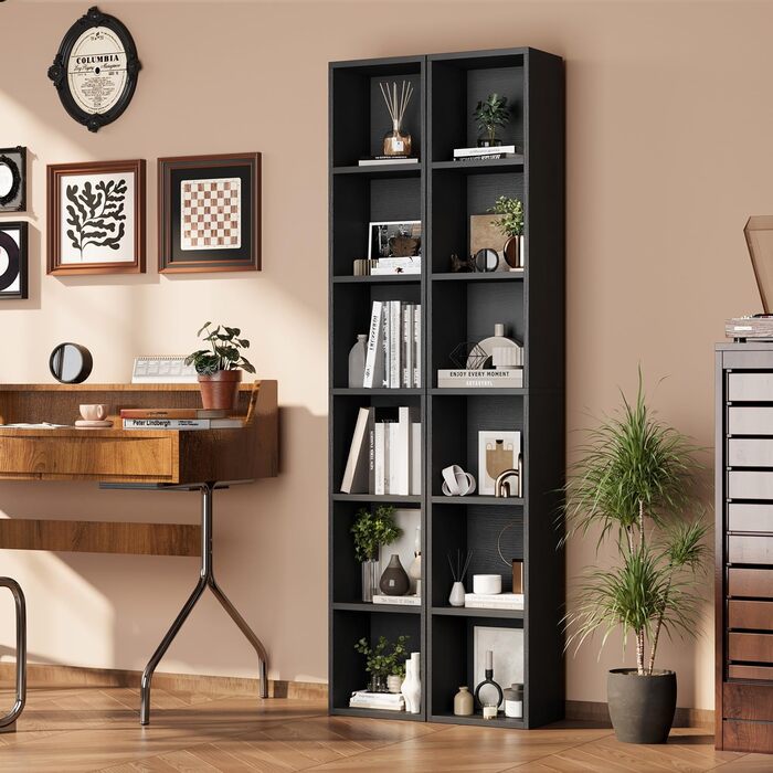 Книжкова полиця, 6-ярусна книжкова шафа, вузька книжкова полиця, окремостояча полиця, сучасна відкрита дерев&39яна полиця, для вітальні, спальні, офісу, кабінету, 23,5 x 30 x 181 см, чорна, 6 ярусів (30Ш x 181В см)