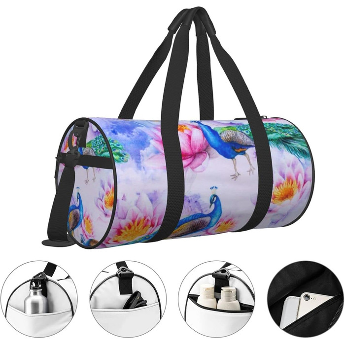 Спортивна сумка для подорожей, стильна з принтом павича та лотоса, дорожня сумка на ніч, чорна, універсальний розмір