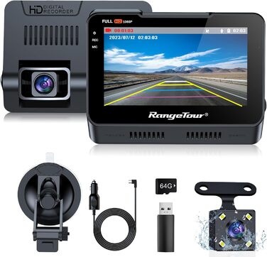 Відеореєстратор автомобільний передній задній з 64GB SD картою, 4.3-дюймовий IPS екран автомобільної камери 1080P FHD відеореєстра