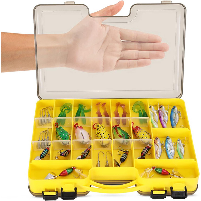 Двосторонній ящик для рибальських снастей, пластиковий ящик для рибальських снастей, ящик для зберігання рибальських аксесуарів з відділеннями, водонепроникний портативний ящик для рибальських аксесуарів для любителів риболовлі (29Д x 19Ш x 5,8В см, жовти