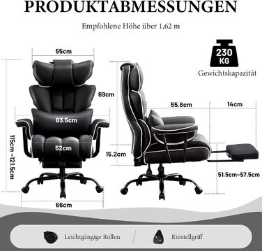 Ігрове крісло, Ергономічне офісне крісло, Крісло керівника зі штучної шкіри, Вантажопідйомність 200 кг з підставкою для ніг та поперековою опорою, Крісло для домашнього офісу, Регульоване крісло з високою спинкою, Обертове крісло (Чорне)