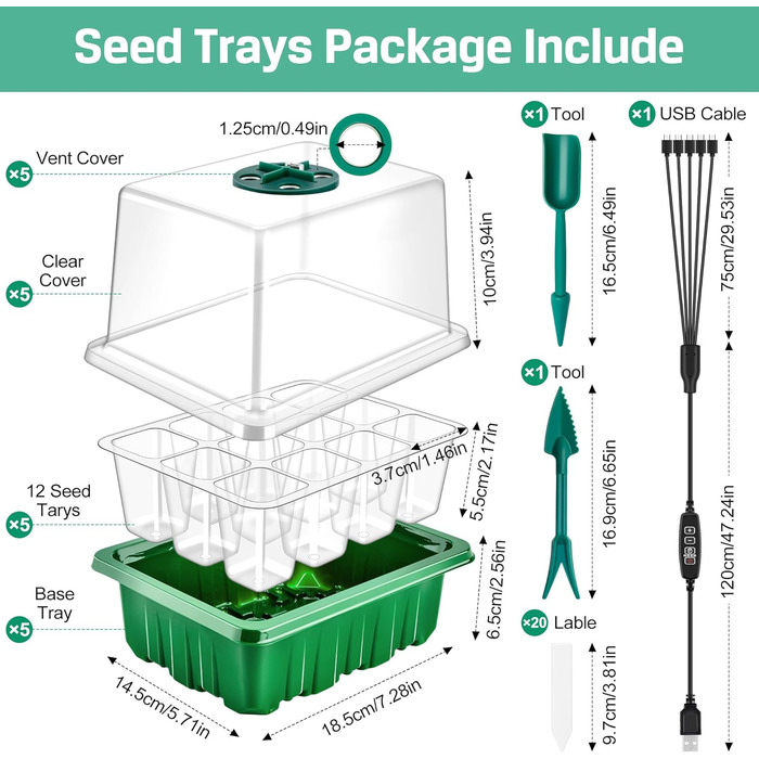 Коробка для розмноження DazSpirit для кімнатної теплиці з 5 упаковками з освітленням, міні-набір для розмноження для теплиць, освітлення рослин із таймером і регульованою яскравістю, лотки для розмноження розсади для теплиць, садівництво