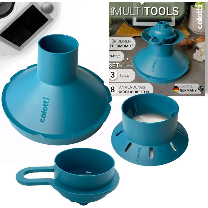Мультитули Calotti для Thermomix TM6 і TM5 - Воронка, Редуктор камери міксера, Паровий камін, Захист від бризок, Квітка тіста, Кришка, Черпак, Форма для печива - все в одному - Вісім функцій, три частини, один комплект TM5 і TM6