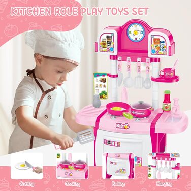 Мініатюрний кухонний набір deAO My Little Chef, рольова гра зі світлом і звуками, елементами води та 18 аксесуарами (рожевий)