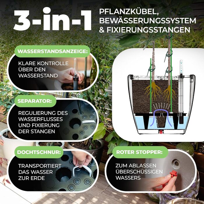 Великий квітковий горщик ZOD для зовнішнього та внутрішнього використання, горщик для квітів із автополивом та підставка для рослин, горщик для гідропоніки (кімнатний та кашпо), срібний, 10 л, 35x35x34 см