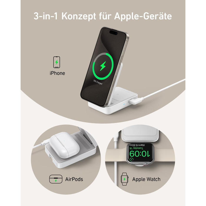 Зарядна станція Anker MagGo 3-в-1, сертифікована Qi2 бездротова зарядна підставка 15 Вт, сумісна з MagSafe, зарядний пристрій для