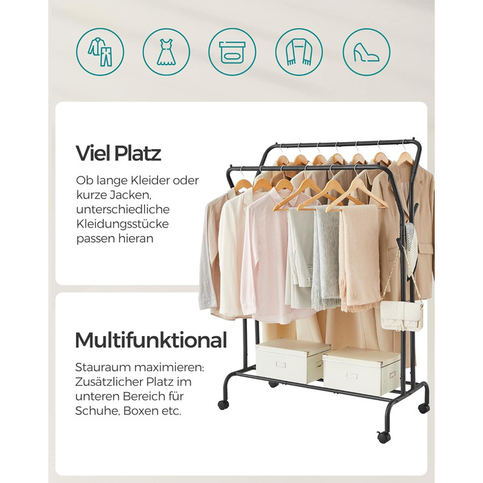 Вішалка для одягу на колесах, 2 шт. анги для одягу, Гардеробна штанга, Вішалка для одягу виготовлена з сталевих труб, Вантажопідйомність до 100 кг, Ширина 103,5 см, Багатофункціональне місце для зберігання, Чорний HSR107B01 Чорний 2 шт. анги