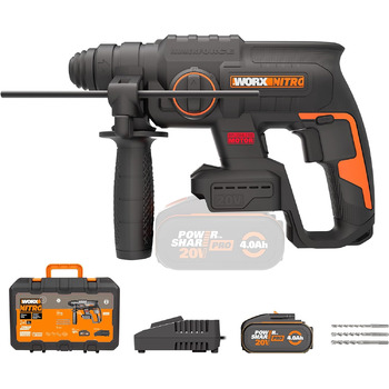 Акумуляторний перфоратор WORX NITRO WX381 20В - безщітковий двигун - багатофункціональний інструмент для свердління, перфорації та довбання - енергія удару 2 джоулі - вкл. акумулятор 20В 4Ач Pro та швидкий зарядний пристрій перфоратор 2,0 джоулі з 1 акуму