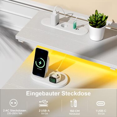 Письмовий стіл з 8 шухлядами, комп&39ютерний стіл з 2 розетками та 2 USB-портами для зарядки, офісний стіл зі світлодіодним освітленням та підставкою для монітора, ПК-стіл для офісу, вітальні, 120 x 50 x 74 см, білий