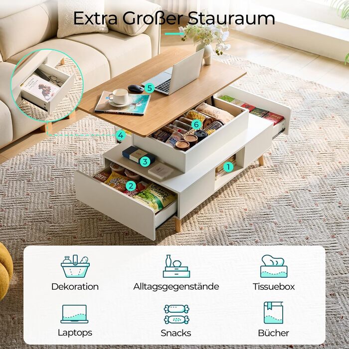 Журнальний столик з регульованою висотою та місцем для зберігання, стіл для вітальні з 2 великими шухлядами, диванний столик 60 x 100 см