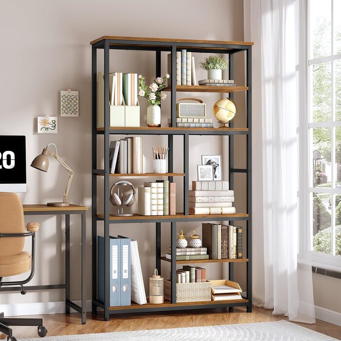 Книжкова полиця HOOBRO, окремостояча полиця з 4 регульованими ніжками, вертикальна полиця, офісна полиця, полиця для зберігання речей для вітальні та кабінету, 100 x 28 x 180 см, вінтажний коричневий та чорний EBF06SJ01