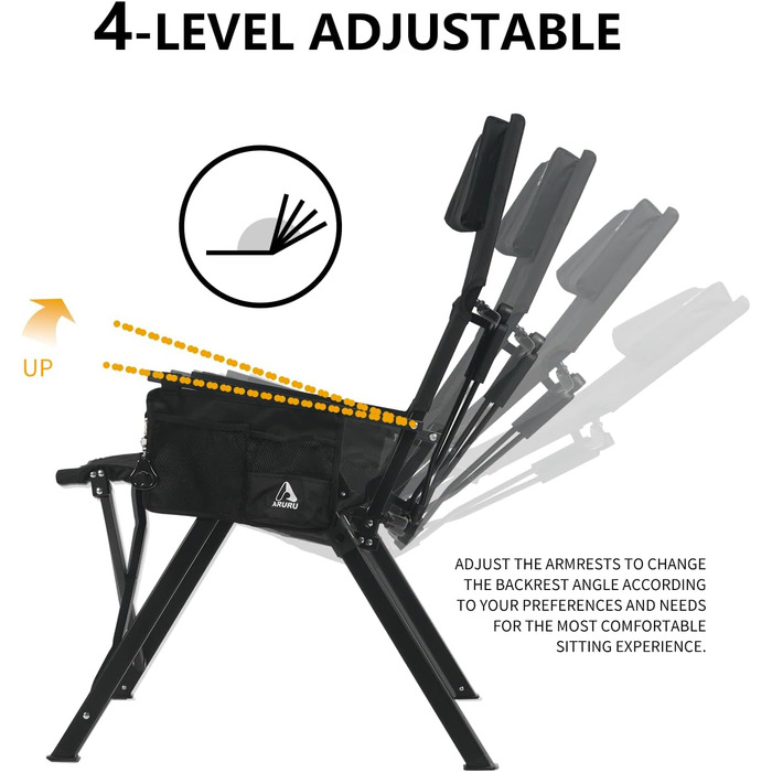 Складаний кемпінговий стілець, висока спинка, регульована спинка в 4 положеннях, до 150 кг, садовий стілець з тримачем для напоїв та бічною кишенею, рибальський стілець, вуличний стілець для кемпінгу, саду, балкону (чорний)