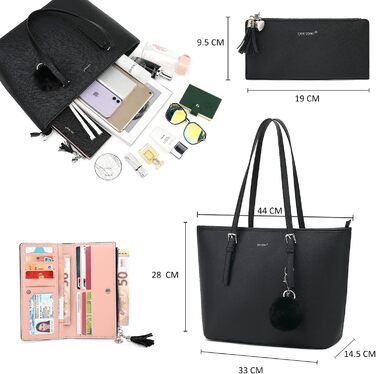 Сумочка жіноча набір чорна сумка з гаманцем для офісу школа шопінг сумочка жіноча велика з китицями жіноча і хутряна куля плюшевий