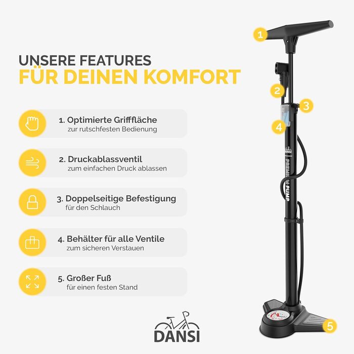Насос DANSI COMFORT, підлоговий, до 12,4 бар/180 PSI, високоякісний матеріал, чорний