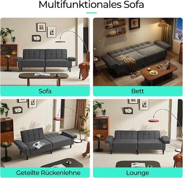 Диван LINSY HOME з функцією сну, розкладний диван з регульованою спинкою та підлокітниками, 3-місний диван з функцією ліжка з оксамитової тканини, спальна зона 230 x 100 см, ідеально підходить для вітальні (сірий)
