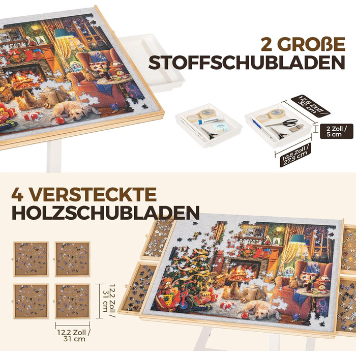 Стіл-пазл на 1500 елементів, стіл-пазл з 6 шухлядами та однією основою, дошка-пазл з регулюванням висоти та 4-рівневим регулюванням нахилу, стіл-пазл з кришкою та 4 колесами, 89 x 68 см