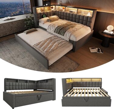 Кушетка 90x200 з висувним ліжком 90x190, диван-ліжко зі світлодіодним підсвічуванням, USB та Bluetooth, висувне ліжко-кушетка з рейковою основою, гостьове ліжко, без матраца, сірий, сірий F 90x200