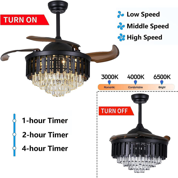 Тиха лампа вентилятора Розкішний кришталевий стельовий вентилятор зі світлом Висувні лопаті люстра вентилятор лампа з пультом дист