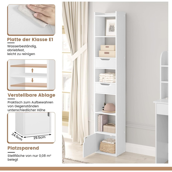 Книжкова полиця WOLTU, книжкова шафа, полиця для зберігання, офісна полиця, з 6 полицями, 2 шухлядами, 1 дверцятами, виготовлена з інженерної деревини, для вітальні, спальні, офісу, біла, SK042ws