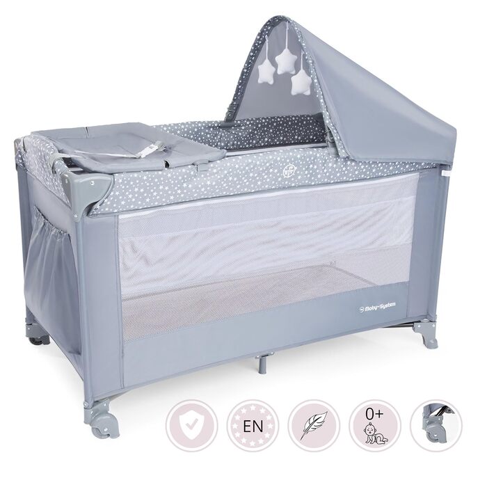 В 1 Дорожнє ліжечко-манеж для малюків Basic Plus, 2 матраци (верхній 0-6 місяців, нижній 6-36 місяців), Складана, Сумка для перенесення, Сірий, 2