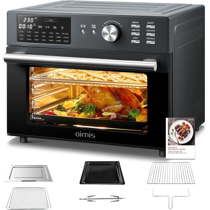 Аерофритюрниця OIMIS 30 л з 21 програмою, сіра конвекційна піч xxl з безмасляною багатофункціональною конвекційною піччю Air Fryer, подвійне приготування, 6 аксесуарів, рецепти, 30C-230C, 1800 Вт, без обертового кошика