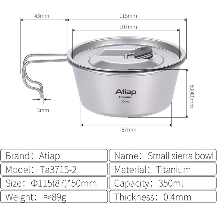 Чаша Sierra Cup Bowl, горщик, титанова чаша, посуд, 350 мл, 520 мл, для активного відпочинку, кемпінгу, походів, пікніка, барбекю (350 мл) 0,4 літра