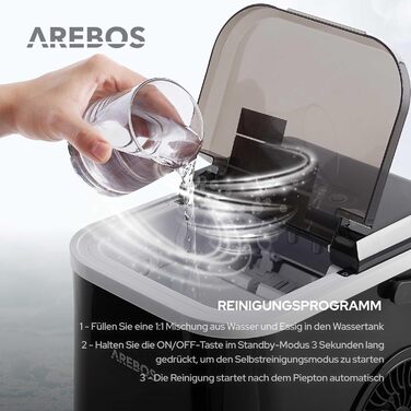 Машина для виробництва кубиків льоду Arebos Льодогенератор 12 кг / 24 год Час виготовлення 10-15 хвилин Резервуар для води 1,1 літра Льодогенератор Тихо Функція самоочищення Чорний