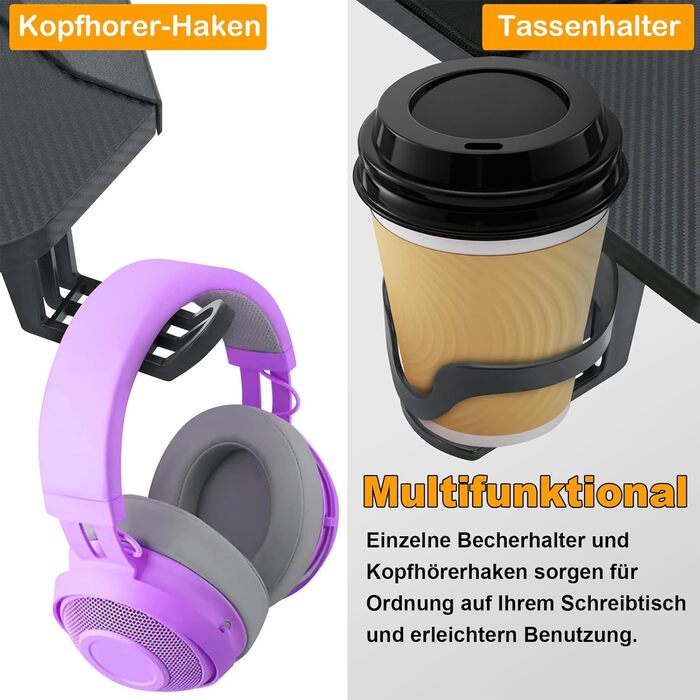 Ігровий стіл 160x60 см зі світлодіодним освітленням, ергономічний комп&39ютерний стіл Z-подібної форми з гачком для навушників, підставкою для склянок та виглядом з вуглецевого волокна, ігровий стіл для ПК, ноутбука та ігор - чорний 160 x 60 см - зі світл