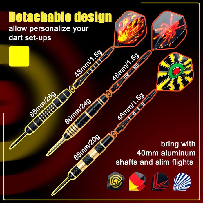 Набір дротиків Alyoen з 12 предметів з металевим наконечником, професійні дротики вагою 20/24/26 грамів, набори дротиків з алюмінієвими стрижнями, стрілки, точилка, захисні накладки, гумові кільця ущільнювачів та універсальний інструмент для дротиків