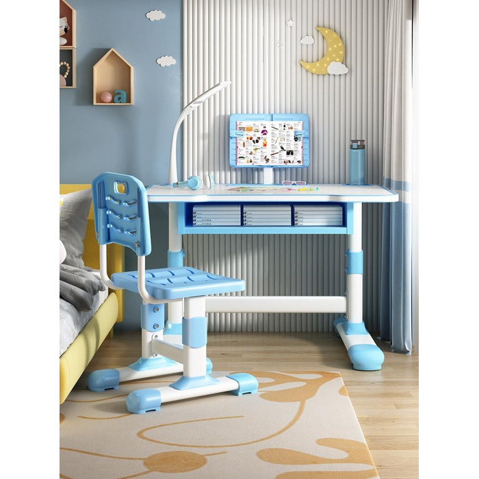 Дитячий комплект столу та стільця, дитячий стіл з похилою підставкою для читання, надзвичайно велика шухляда, металевий каркас, для дому та навчання, з настільною лампою, вік 3-18 років, 73 см x 70 см, синій.
