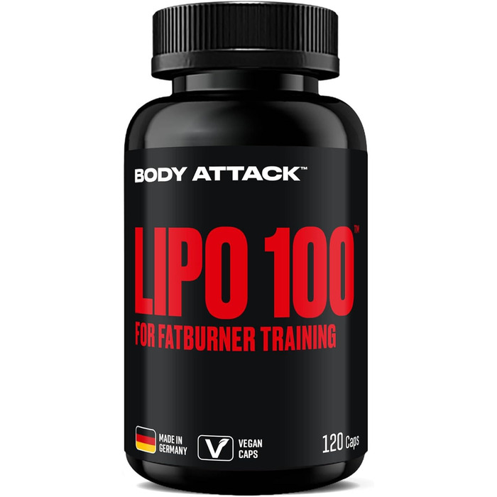 Капсули для спалювання жиру Body Attack LIPO 100 - з ліпохліном, 200 мг кофеїну, екстрактом женьшеню та зеленого чаю - додаткові вітаміни групи В та цинк - для тренувань та дієти - виготовлено в Німеччині 120 капсул (1 упаковка)