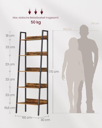 Книжкова полиця VASAGLE, полиця-драбина, 5 ярусів, вузька полиця, відкрита окремостояча полиця для кабінету, вітальні, спальні, кухні, промисловий дизайн, вінтажний коричнево-чорний LLS067B01 Вінтажний коричневий чорний 5 полиць (60Ш x 170В см)