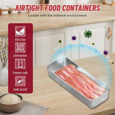 Набір із 2 коробок для зберігання делікатесів, коробки для делікатесів з нержавіючої сталі 26,5*5*10 см для холодильника з кришками, контейнери для зберігання продуктів, що штабелюються, коробки для зберігання бекону, м&39яса, овочів у холодильнику 01