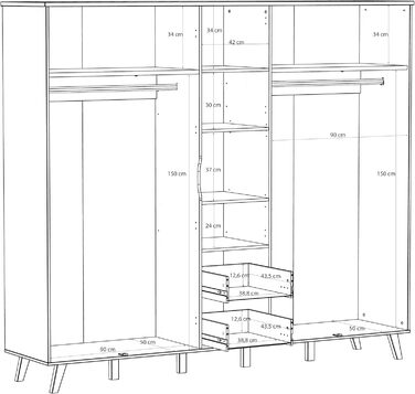 Гардероб Forte VANKKA 230, шафа в скандинавському стилі з 5 дверима на петлях та 2 шухлядами, витончені меблеві ніжки, інженерна деревина, декор дубовими дошками Білий, 228,8 см завширшки x 201,5 см заввишки x 52,7 см завглибшки. Біло-дубова 5-дверна шафа