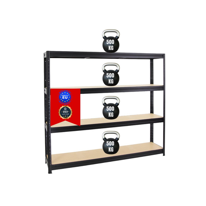 Надміцний стелаж Dino Extra Wide 180x200x45 см, Вантажопідйомність полиці 500 кг, Чорний, Гаражні стелажі, Стелажі для зберігання, Безболтові стелажі, Широкопролітний стелаж 180x200x45 см Чорний Панелі МДФ 6,5 мм