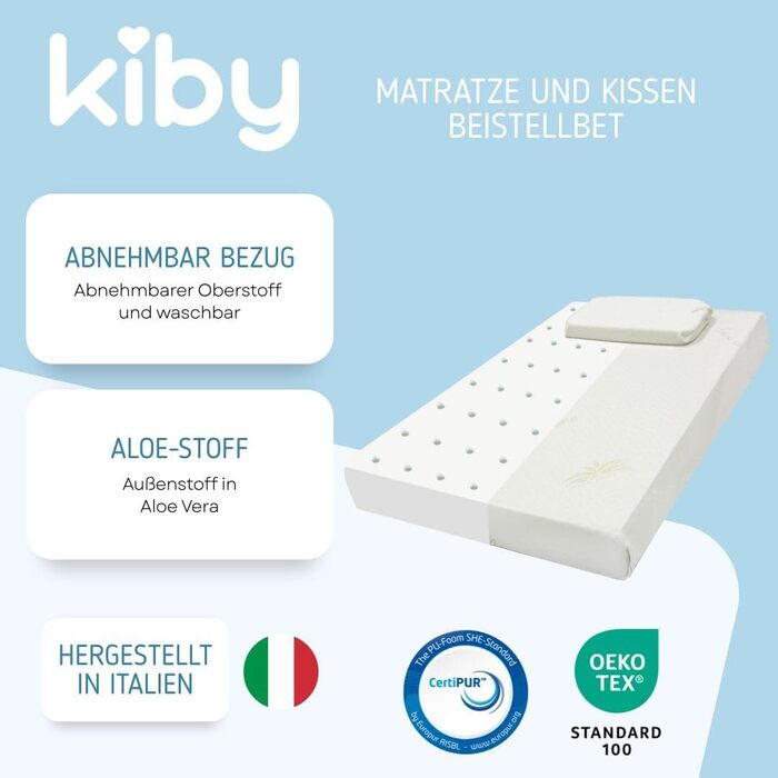 Матрац Kiby Next to Me 83x50 см, висота 8 см (сертифікований Oeko-TEX та CERTIPUR), виготовлений з тканини з алое вера, знімний та можна прати Безкоштовна подушка 83 x 50 x 8 см