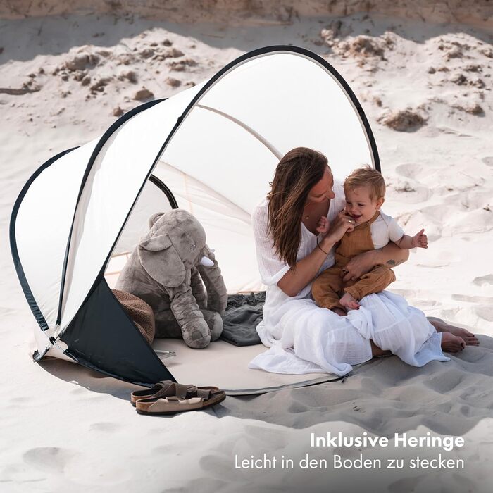 Портативний розкладний пляжний намет Deryan XXL - Пляжний намет для дорослих, дітей та немовлят - 2-4 особи - Двері на блискавці, захист від ультрафіолету 50, вітрозахисний екран та кілочки - Портативний розкладний намет - Кремовий