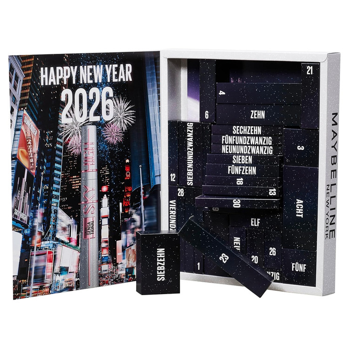 Різдвяний календар Maybelline New York на 2025 рік із 31 дверима на весь грудень, 26 повнорозмірними продуктами та 5 подарунками, включаючи 2 туші Sky High Mascara 4 продукти Garnier Skincare.