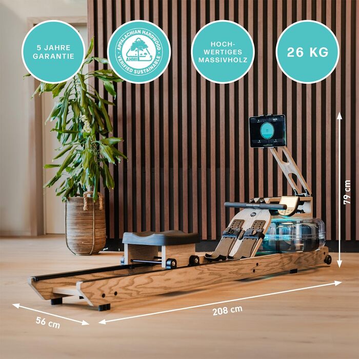 Водний гребний тренажер WaterRower Driftwood Оригінальний для домашнього використання, виготовлений з високоякісної масивної деревини LightRing та Bluetooth-монітор Тримач для планшета та додаток WaterRower Connect