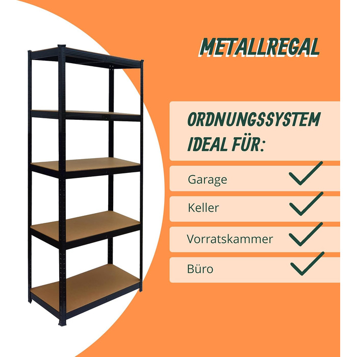 Міцний стелаж Relaxdays, ВxШxГ 180 x 60 x 30 см, 875 кг, 5 полиць, полиця для зберігання в підвалі, вставного типу, чорний/коричневий