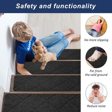 Килимки для сходів 55x19 см, самоклеючі протиковзкі килимки для сходів для використання в приміщенні, багаторазові, можна різати для дерев&39яних сходів, ідеально підходять для дітей, людей похилого віку, домашніх тварин (чорні з ромбоподібним візерунком)