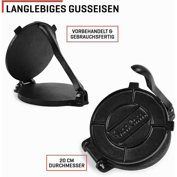 Прес для тортильї Uno Casa 20 см - Прес для тако, надміцна чавунна тортилья - Roti Maker Bonus 100 шт. пергаментний папір