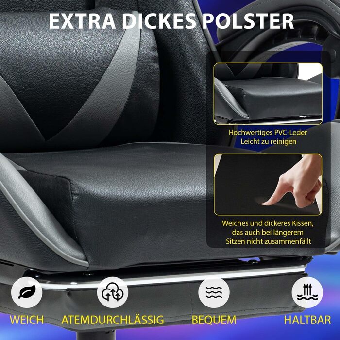 Ігрове крісло з підставкою для ніг, ігрове крісло для дорослих, комп&39ютерне крісло з поперековою опорою, підголівником, офісне крісло з регульованою висотою, чорнийсірий з підставкою для ніг чорнийсірий