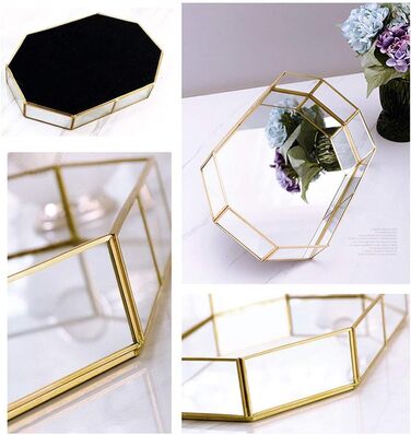 Скляний піднос Hggzeg золотистого кольору, багатокутний металевий, декоративний піднос, піднос для ювелірних виробів, парфумів, органайзер, піднос для макіяжу для туалетного столика, комода, ванної кімнати, спальні (маленький)