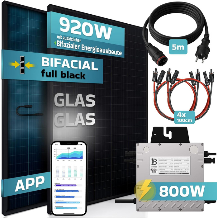 Двофазна балконна електростанція SUNNIVA 920 Вт, повністю чорна, з інвертором Beny 800 Вт, фотоелектричною сонячною системою, 2 сонячними модулями зі скла по 460 Вт, включаючи кабель 5 м, повний комплект фотоелектричної системи 920/800 Вт