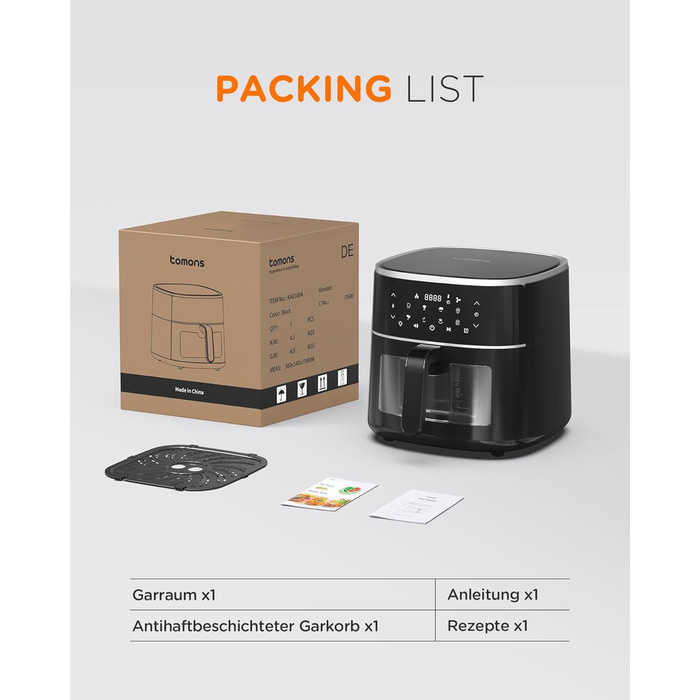 Аерофритюрниця Tomons 6 л, фритюрниця Фритюрниця з гарячим повітрям Фритюрниця з оглядовим вікном Цифровий світлодіодний сенсорний екран, програми 8 в 1 фритюрниця, регульований контроль температури