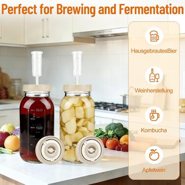 Банки для ферментації, упаковка з 2 шт., місткість 2 л, контейнери для кімчі з гідрозатвором та індикатором дати, банки для ферментації з широким горлом, ідеально підходять для ферментації кімчі, квашеної капусти, закваски, 2 л (з індикатором дати)