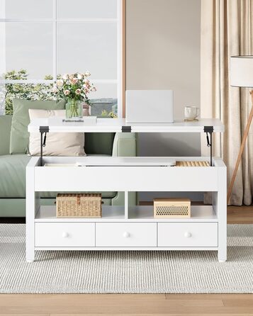 Журнальний столик Hzuaneri, стіл для вітальні з регульованою висотою, 3 шухлядами та 2 відділеннями, 50 100 47 см, журнальний столик з відділенням, що трансформується в обідній стіл, для вітальні, домашнього офісу, білий CT22203W