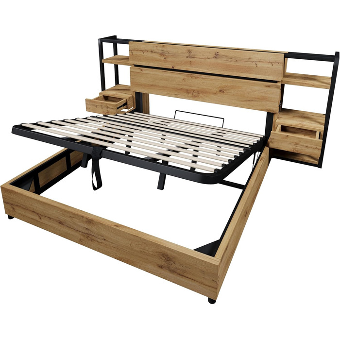 Двоспальне ліжко 180x200 з тумбочкою, узголів&39ям для зберігання речей з шухлядами та функцією зарядки USB Type-C, гідравлічне ліжко для зберігання речей, дерев&39яний каркас ліжка, дитяче ліжко, доросле ліжко, без матраца, дуб, без матраца 180x200 см