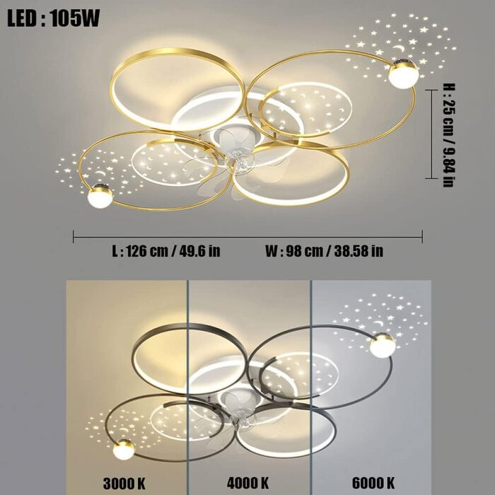 Стельовий світлодіодний світильник PAZWAHF 105 Вт, стельовий вентилятор зі світлодіодним підсвічуванням, регульованою швидкістю ві